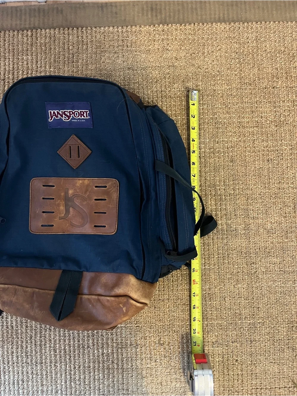 Vintage JanSport Leather Bottom Backpack Blue Made in USA Daypack Hiking Canvas